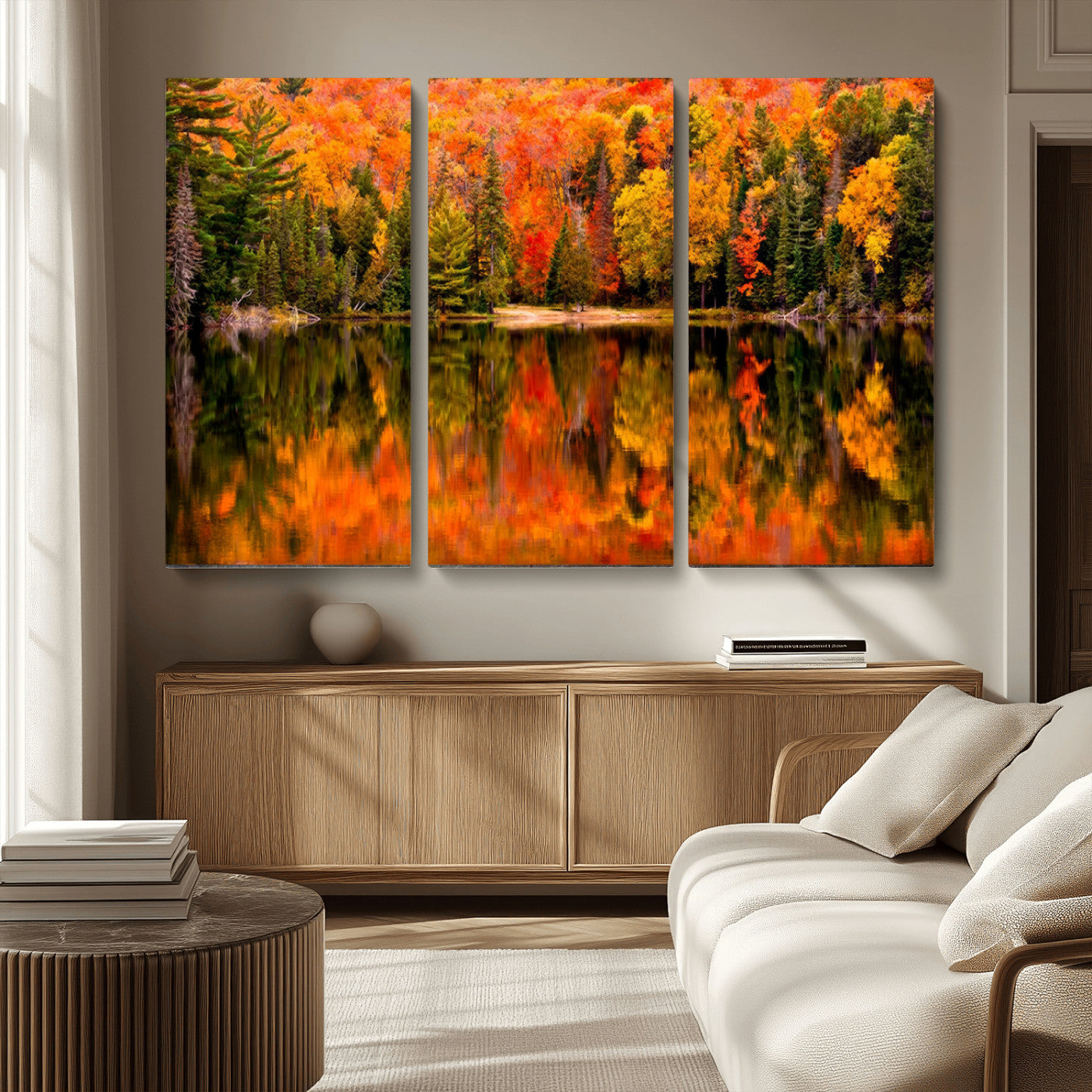 MGV-CV-48X32-3P - Forest Reflection Art | Autumn Forest Reflection Wall Art | Triptych Canvas Print | Vibrant Fall