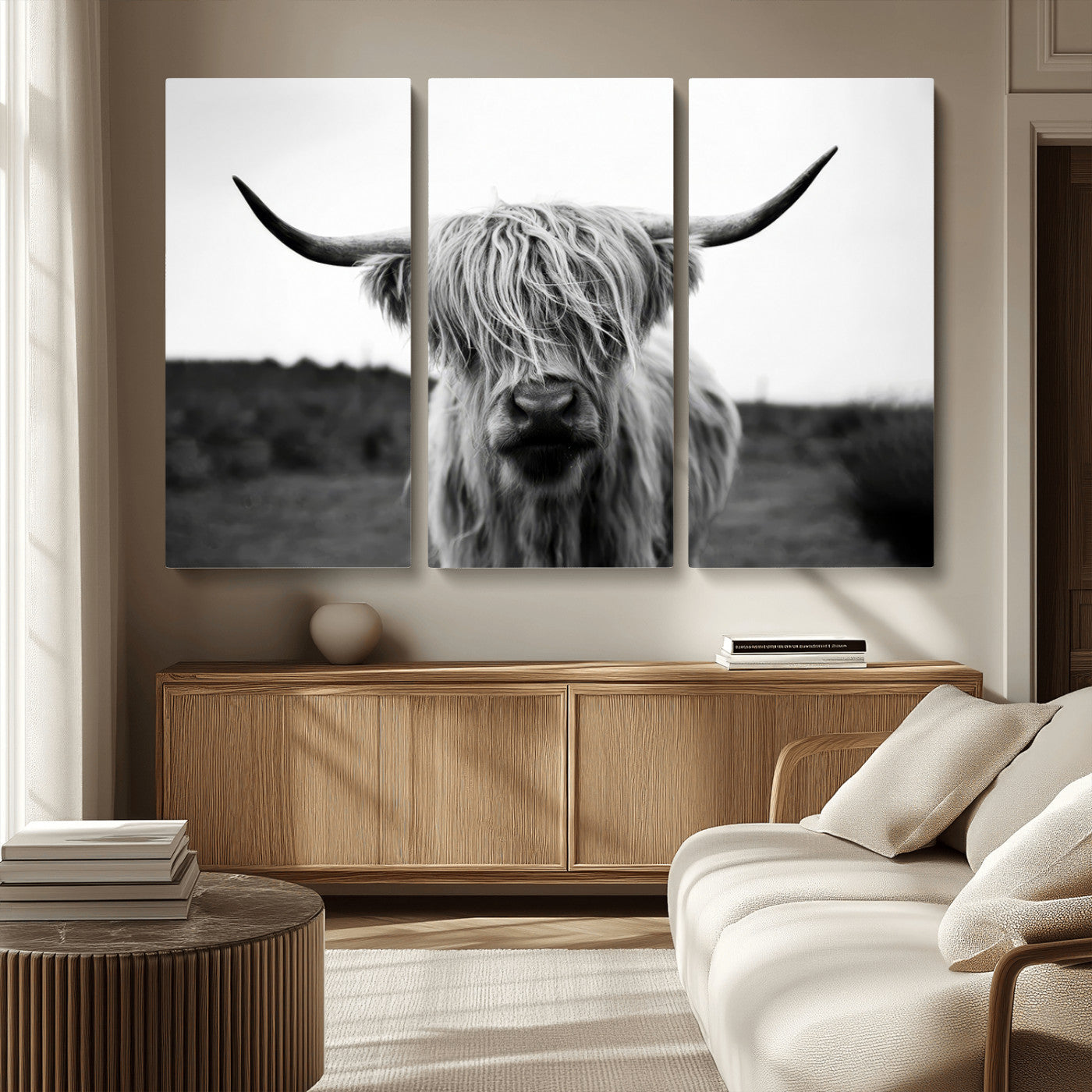 MGV-CV-48X32-3P - Highland Cow Wall Art | Black and White Farmhouse Decor | Triptych Canvas Print | Rustic Barn Decor