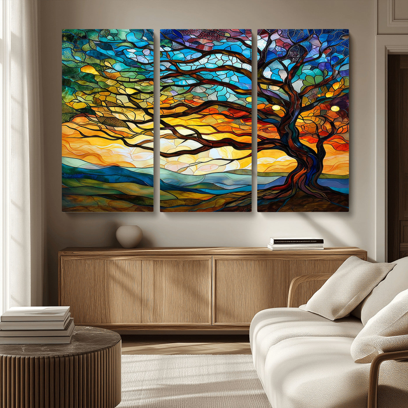 MGV-CV-48X32-3P - Vibrant Mosaic Tree of Life Wall Art | Stained Glass Style Canvas Print | Ready to Hang Artistic