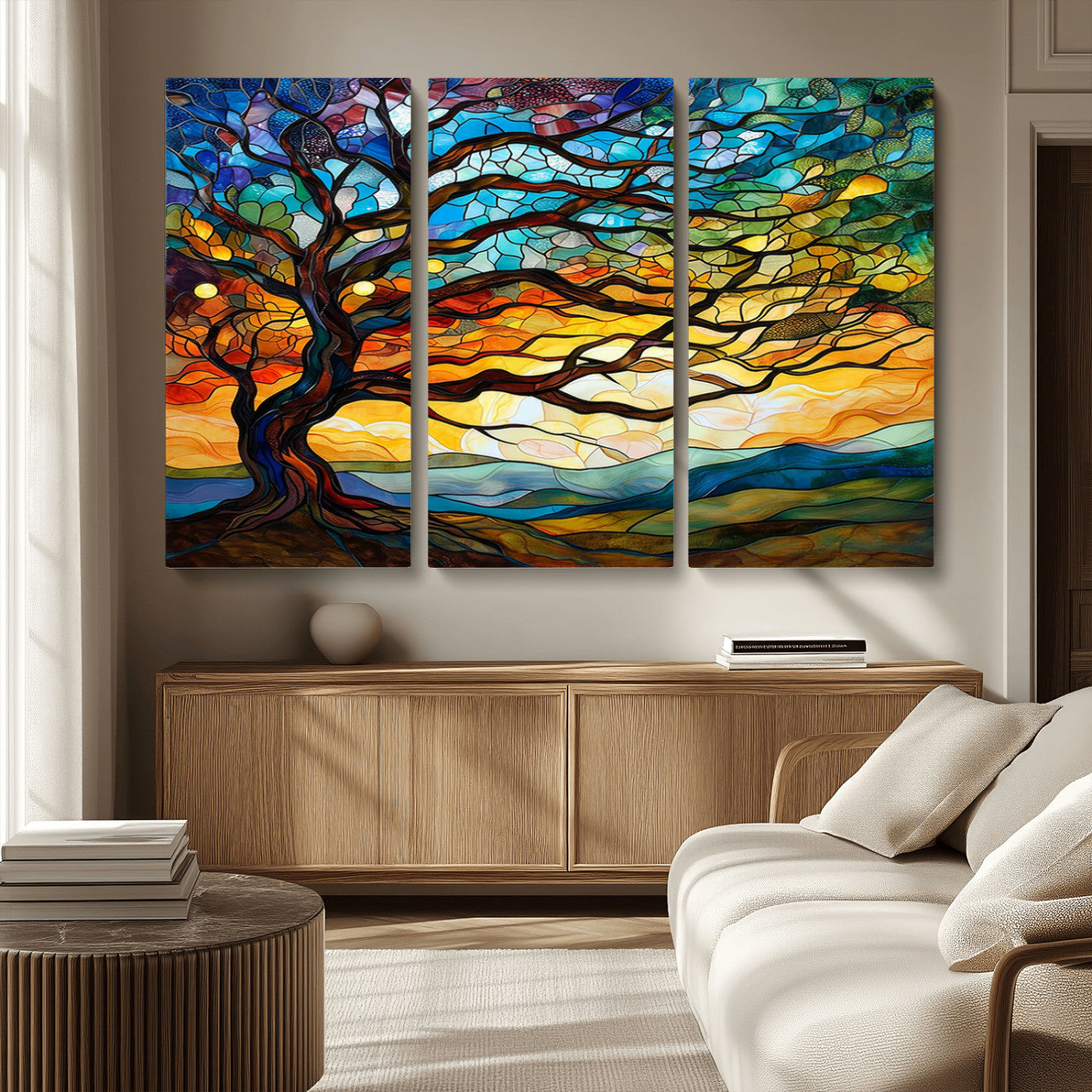 MGV-CV-48X32-3P - Mosaic Tree Wall Art | Ready to Hang Stained Glass Style Canvas Print | Farmhouse Wall Decor, Cabin