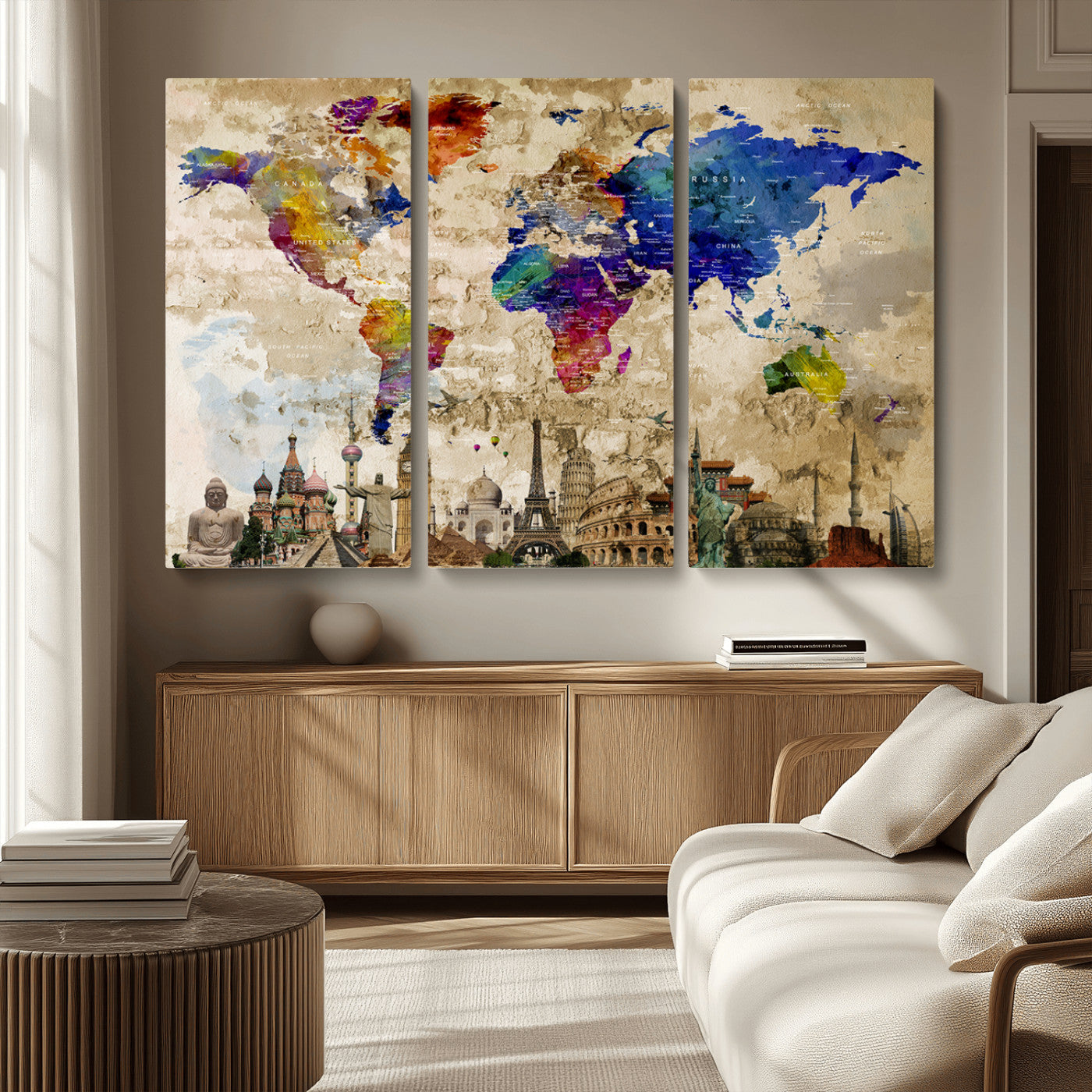 MGV-CV-48X32-3P - Push Pin World Map Canvas Print – Framed Wall Art for Couples to Track Their Travels – Anniversary