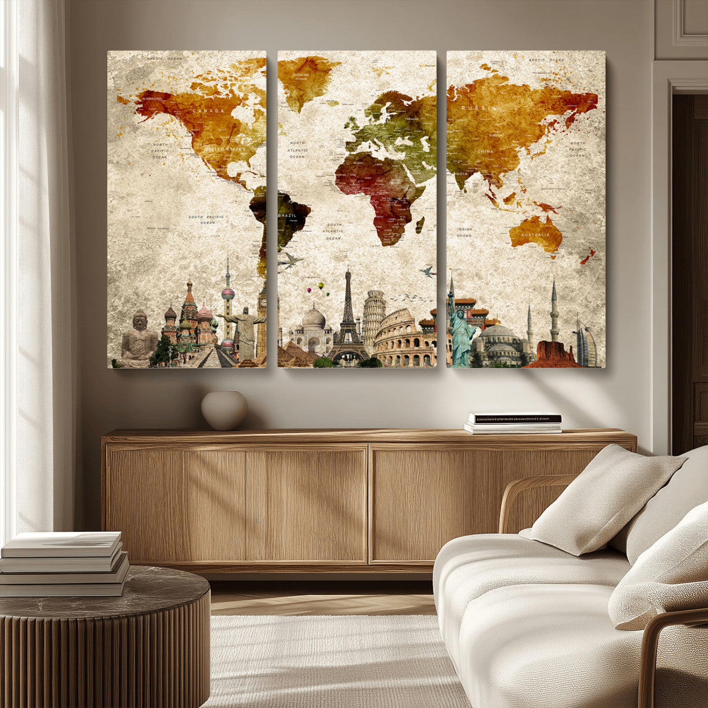 MGV-CV-48X32-3P - Push Pin World Map Canvas Print – Framed Wall Art for Couples to Track Their Travels – Anniversary