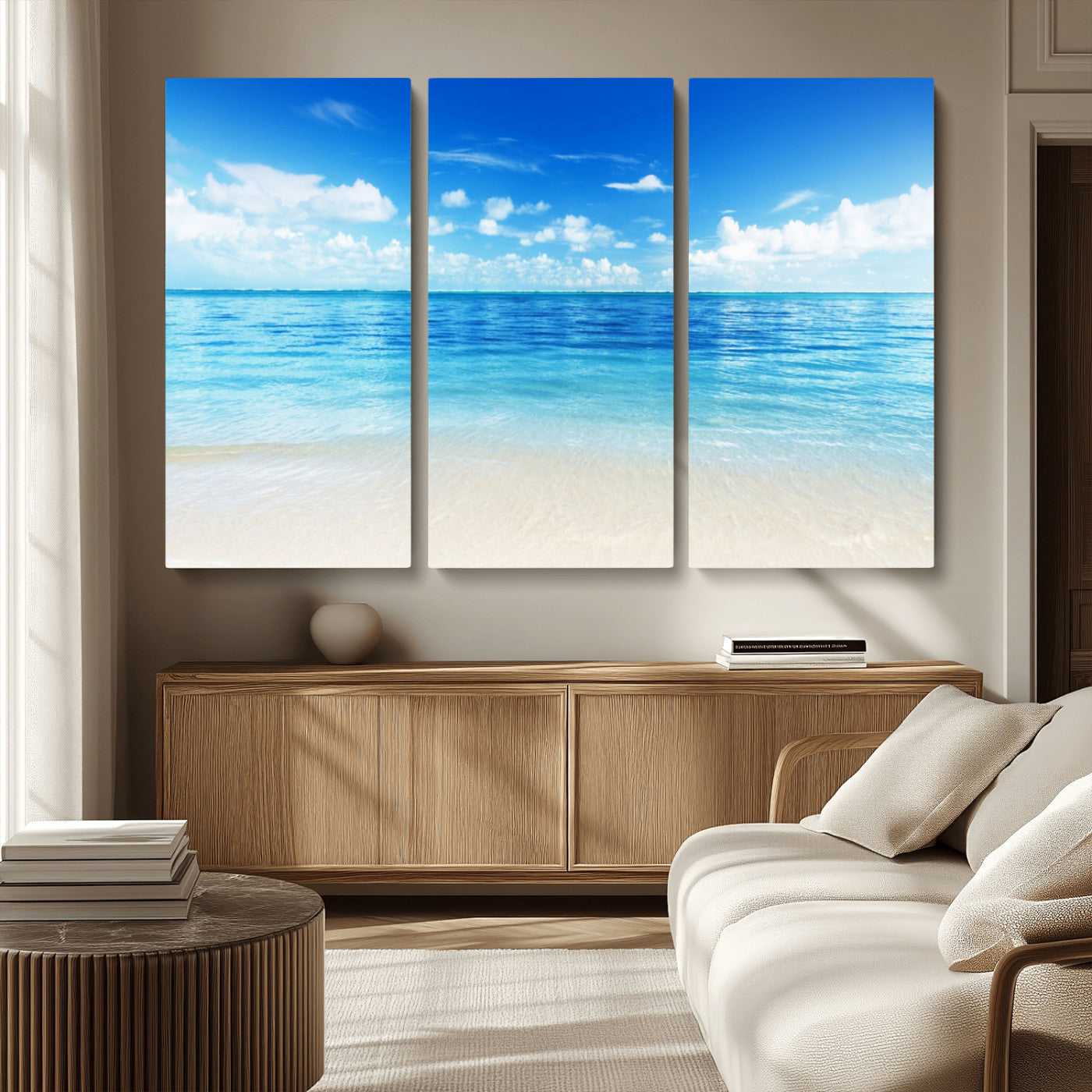 MGV-CV-48X32-3P - Beach Scene Canvas Wall Art Print – Tranquil Ocean Horizon and White Sand Beach Wall Decor for Home