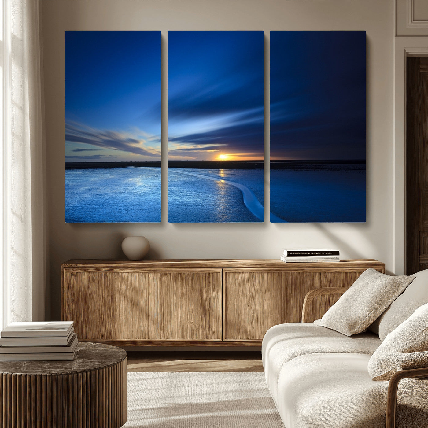 MGV-CV-48X32-3P - Blue Sunset Ocean Canvas Wall Art Print – Serene Coastal Horizon Wall Decor for Home or Office –