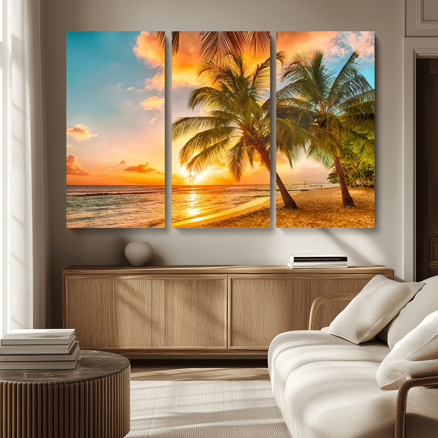 MGV-CV-48X32-3P - Tropical Sunset Beach Canvas Wall Art Print – Vibrant Palm Trees and Coastal Sunset Wall Decor for