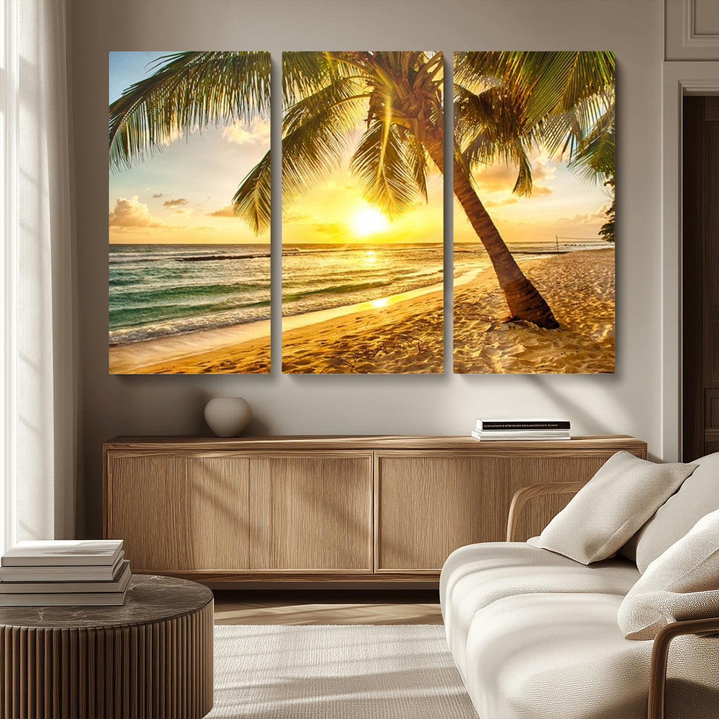 MGV-CV-48X32-3P - Beach Sunset Canvas Wall Art Print - Tropical Beach Canvas Wall Art Print – Vibrant Palm Trees and
