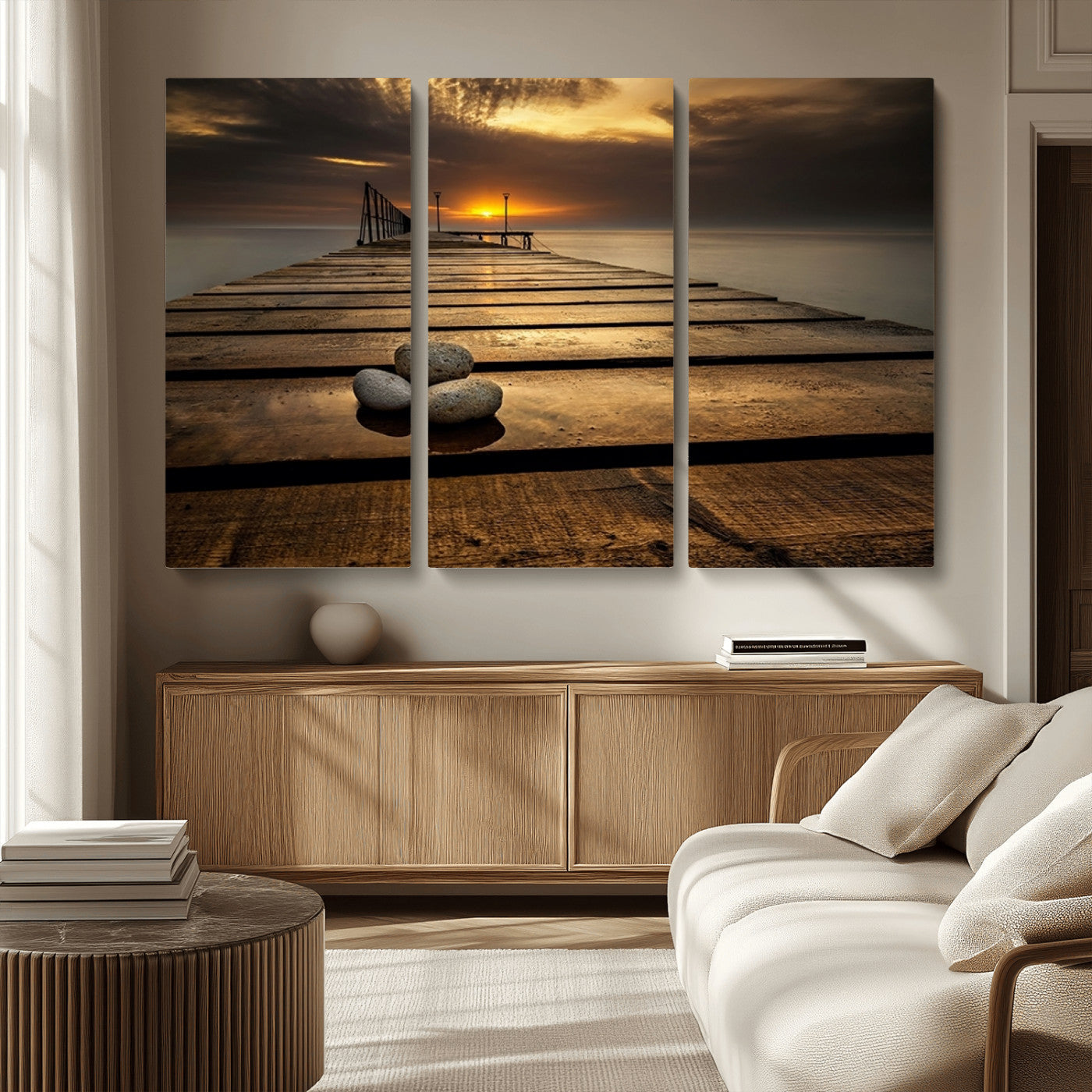 MGV-CV-48X32-3P - Stones on Wooden Pier at Sunset Canvas Print, Serene Coastal Wall Art, Beach Sunset Photography,