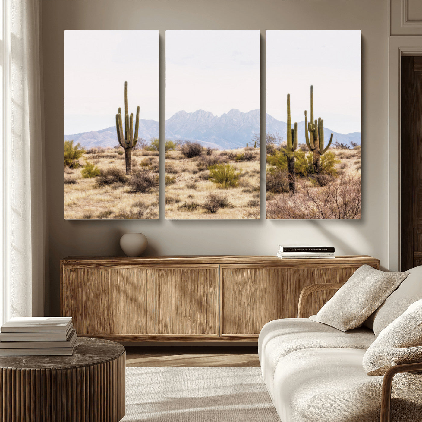 -Desert Cactus Canvas Wall Art – Serene Southwestern Arizona Landscape with Majestic Mountains -