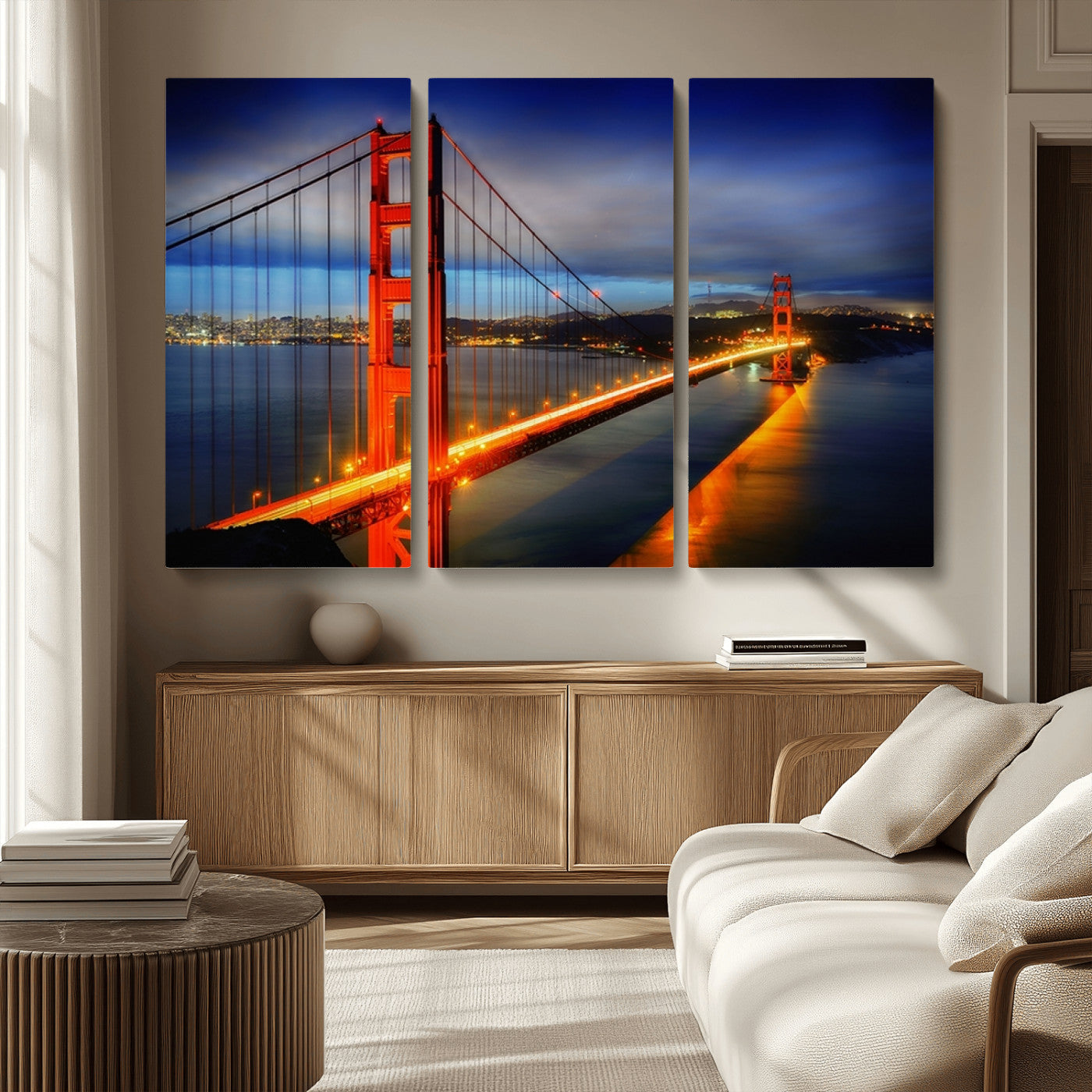 MGV-CV-48X32-3P - Large Wall Art San Francisco Canvas Print - Wonderful Golden Gate Bridge at Twilight