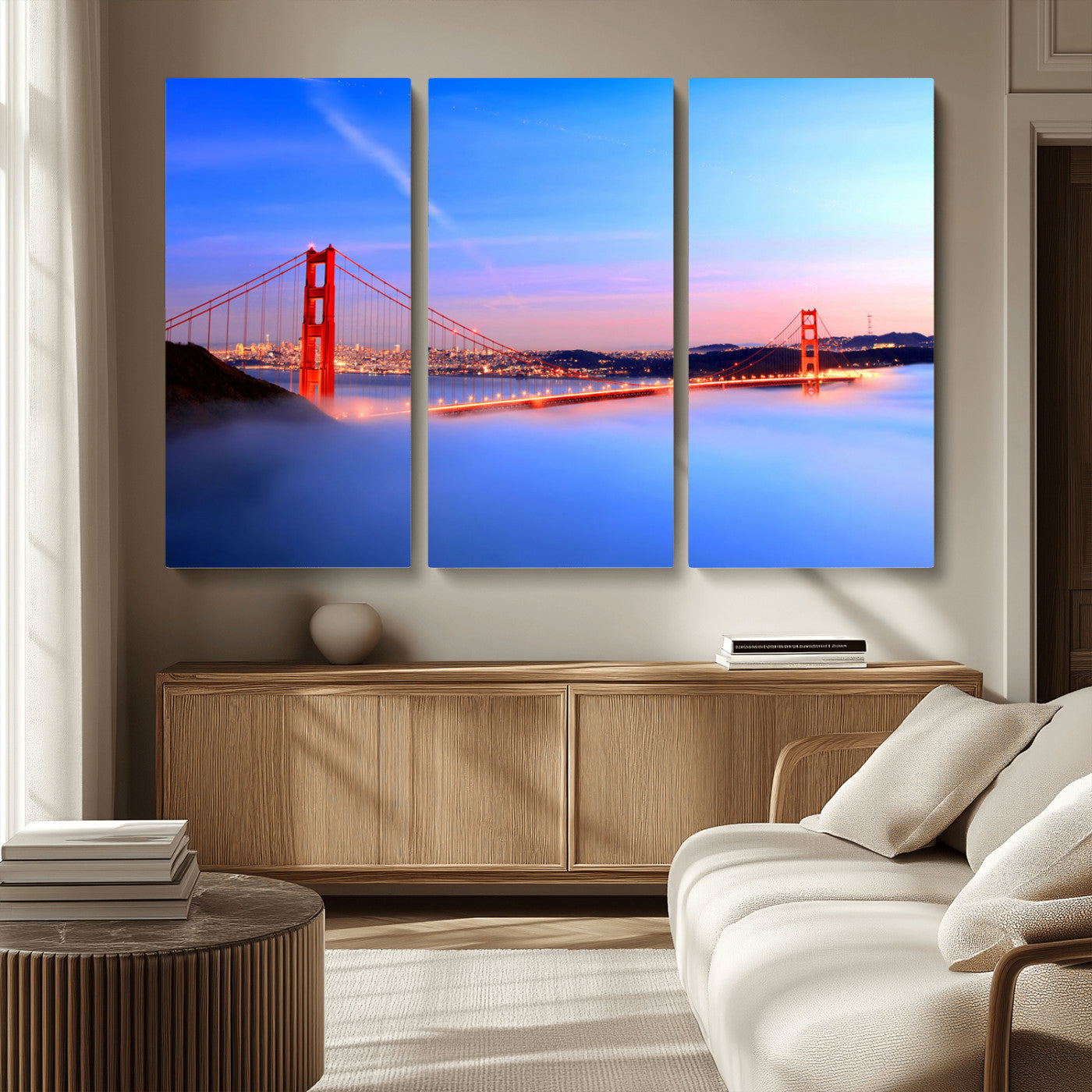 MGV-CV-48X32-3P - Golden Gate Bridge Wall Art Print, San Francisco Sunset Canvas Wall Art, Cityscape Canvas Print for