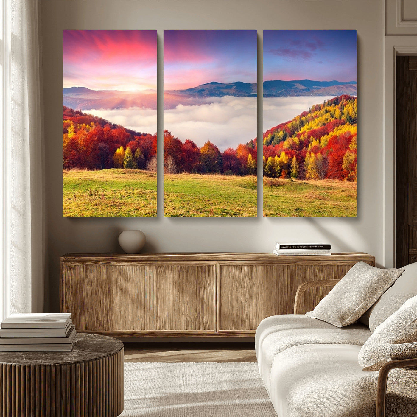 MGV-CV-48X32-3P - Autumn Mountain Foggy Landscape Wall Art Canvas Print | Beautiful Forest Canvas Print | Misty