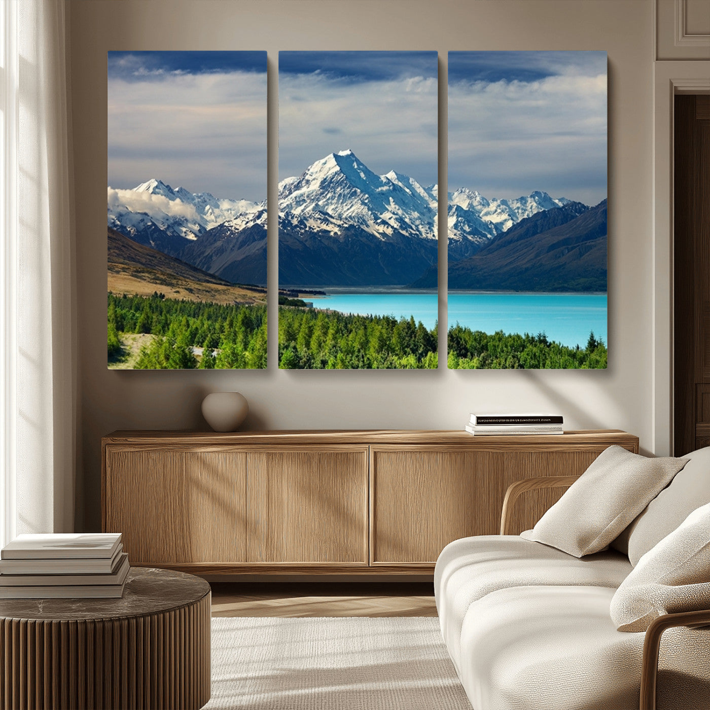 MGV-CV-48X32-3P - Mount Cook and Lake Pukaki Canvas Wall Art Print – Majestic Snow-Capped Peaks and Serene Lake Wall