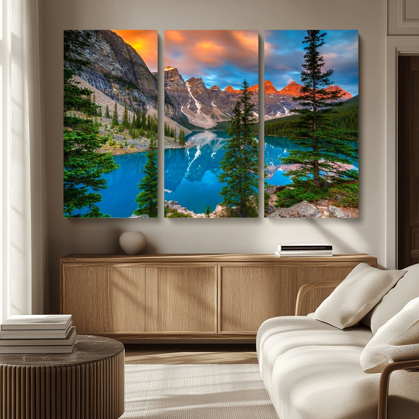 MGV-CV-48X32-3P - Canadian Rockies Moraine Lake Wall Art Canvas Print, Pine Trees Mountain Spring Canvas Print