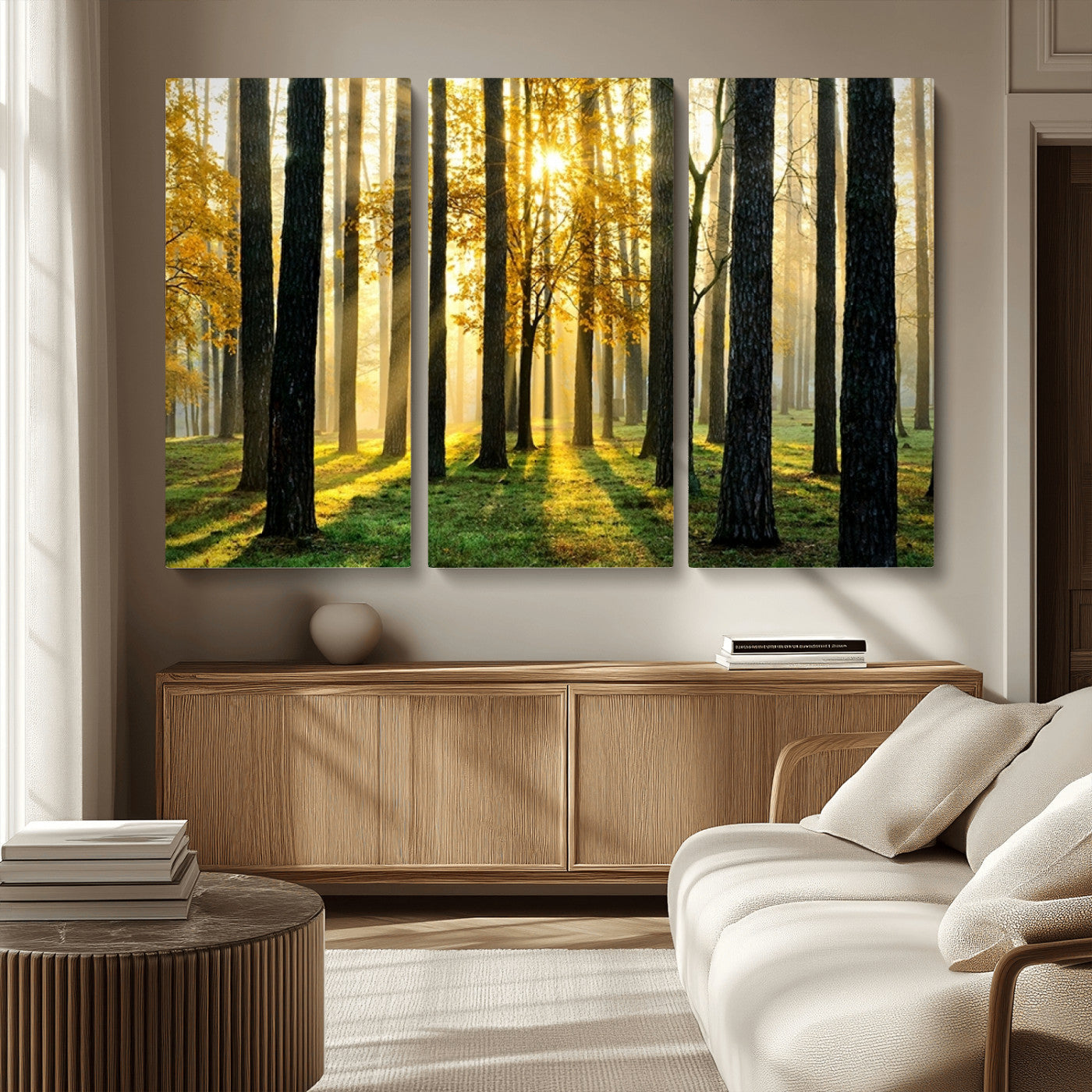 MGV-CV-48X32-3P - Sunlit Forest Canvas Wall Art – Serene Woodland Triptych Landscape Print – Nature-Inspired Decor for