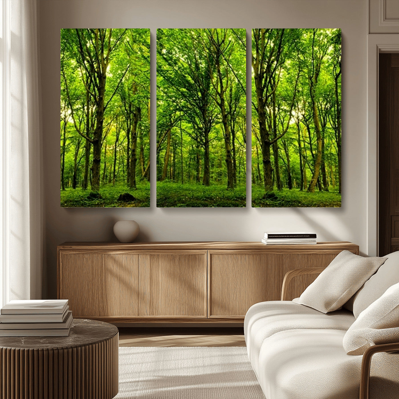 MGV-CV-48X32-3P - Lush Green Forest Canvas Print | 3-Panel Forest Wall Art | Nature Landscape for Living Room