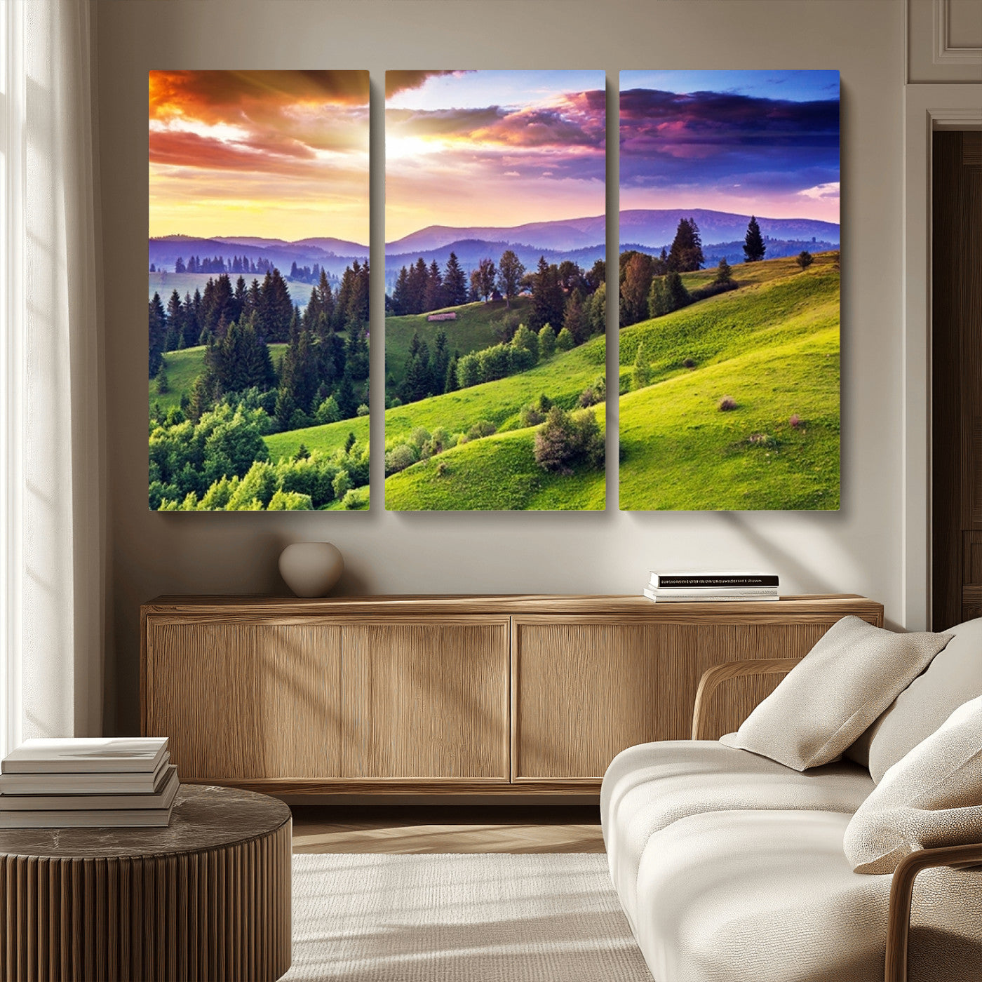 MGV-CV-48X32-3P - Green Hills and Sunset Wall Art Print - Scenic Landscape with Lush Greenery and Vibrant Sky, Ready