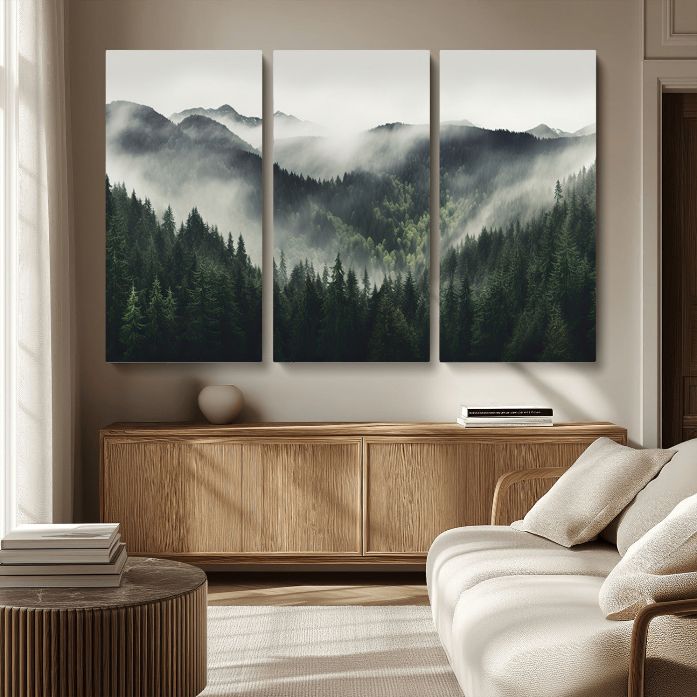 MGV-CV-48X32-3P - Misty Forest Canvas Print Wall Art Premium Canvas Print a Foggy and Serene Atmosphere