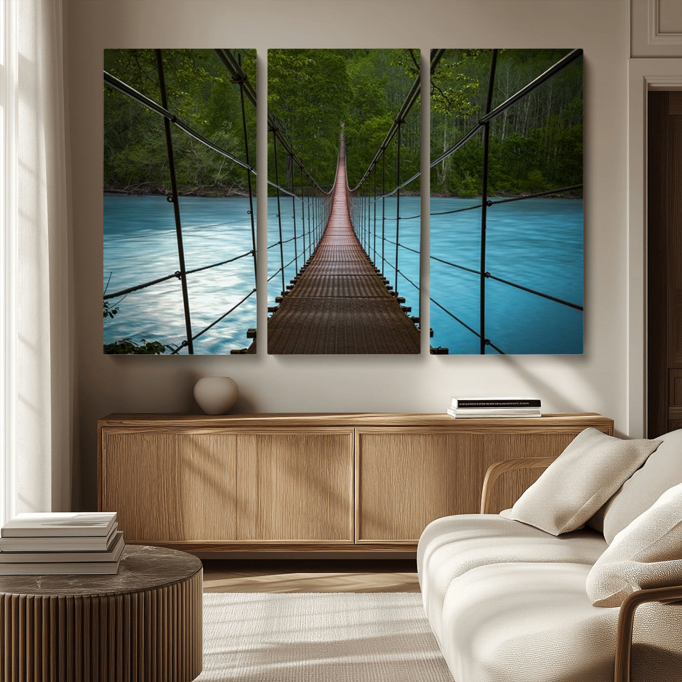MGV-CV-48X32-3P - Suspension Bridge Over River Canvas Art | 3-Panel Nature Photography | Scenic Wall Art for Living