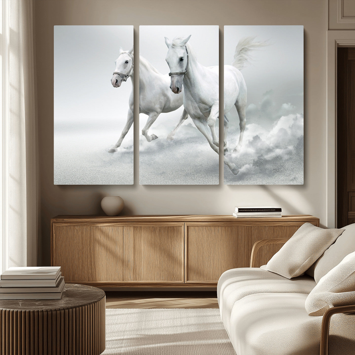 MGV-CV-48X32-3P - Large Wall Art Animal Canvas Print - Beautiful Running White Horses