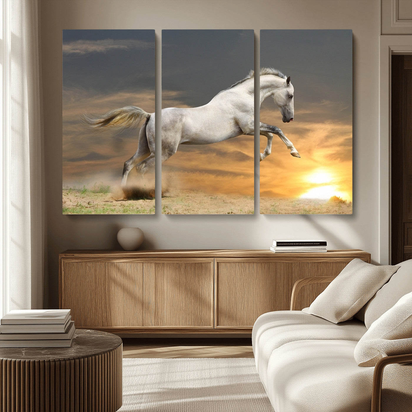 MGV-CV-48X32-3P - Large Wall Art Animal Canvas Print - White Jumping Horse at Sunset