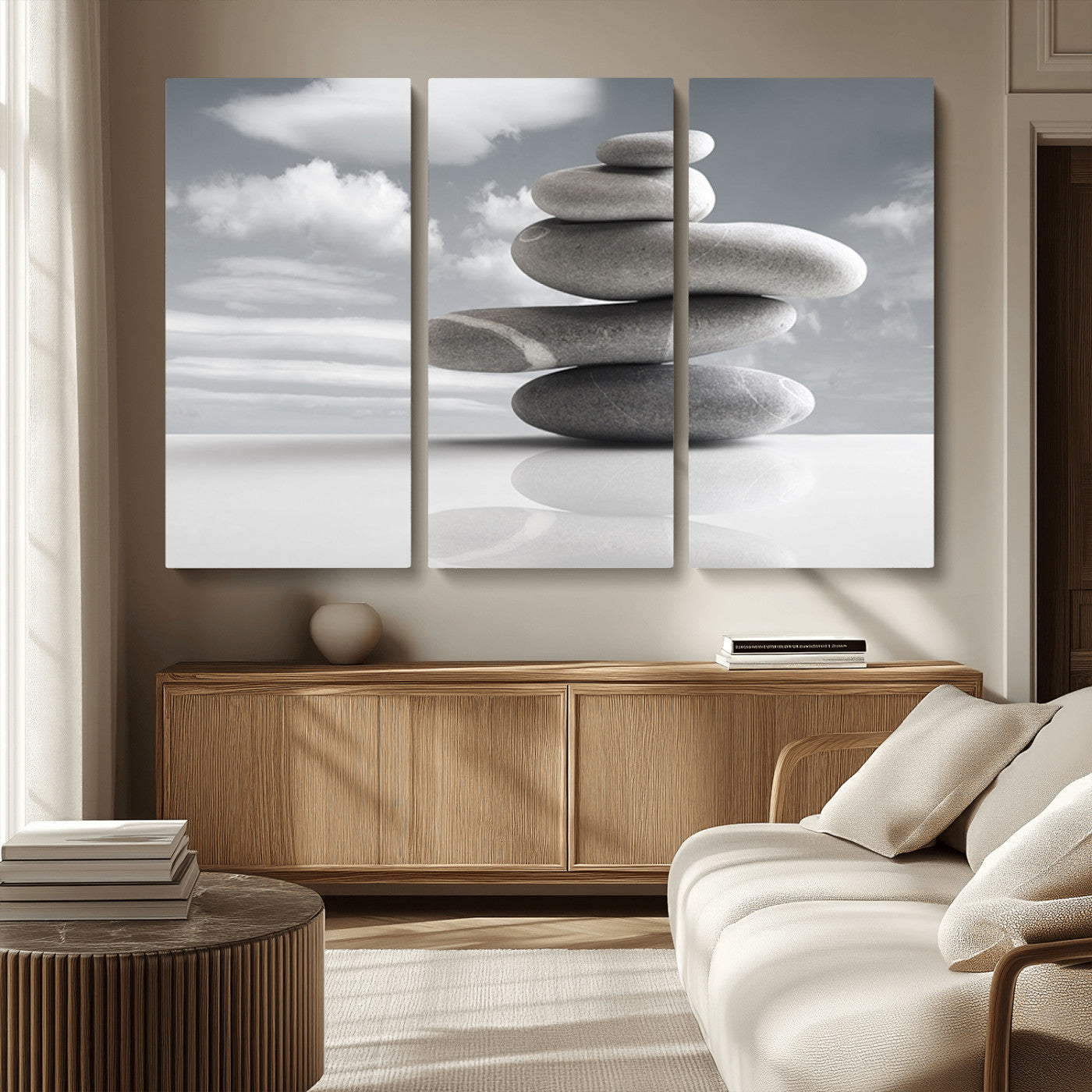 MGV-CV-48X32-3P - Still Life Black and White Zen Stones Wall Art Canvas, Framed Black and White Zen Stones Canvas