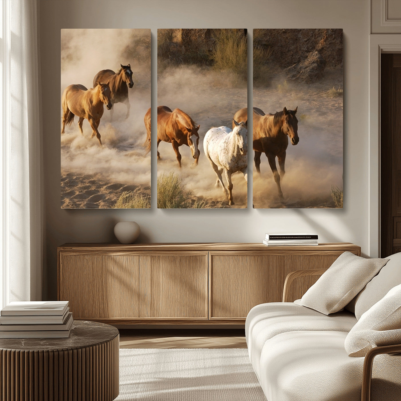 MGV-CV-48X32-3P - Large Wall Art 5 Horses Running on Sand Canvas Print