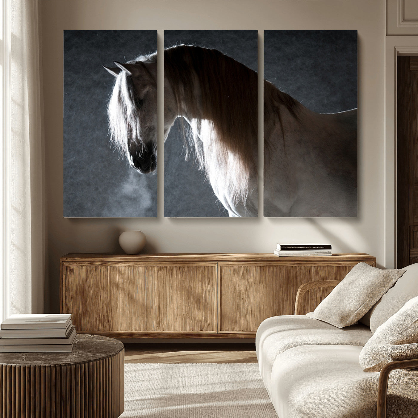 MGV-CV-48X32-3P - Large Wall Art Cream Colored Horse on Grey Background Canvas Print