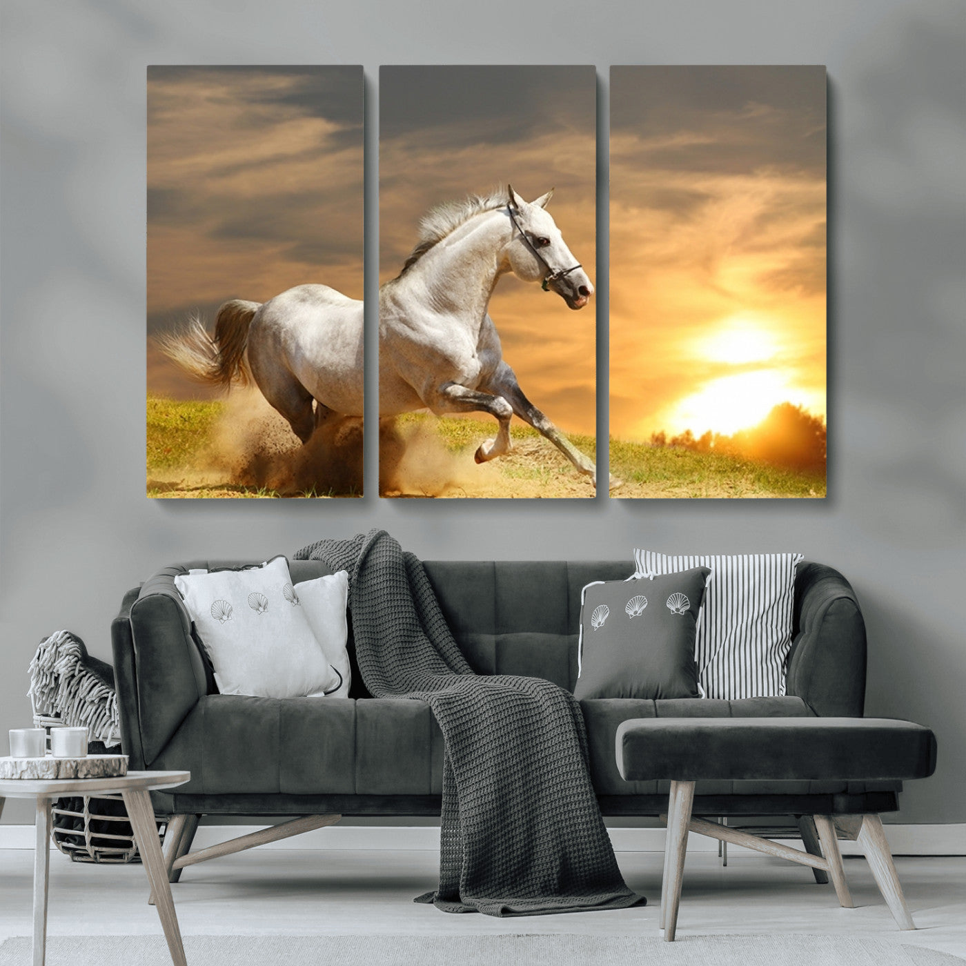 MGV-CV-48X32-3P - Large Wall Art Galloping White Horse at Sunset Canvas Print