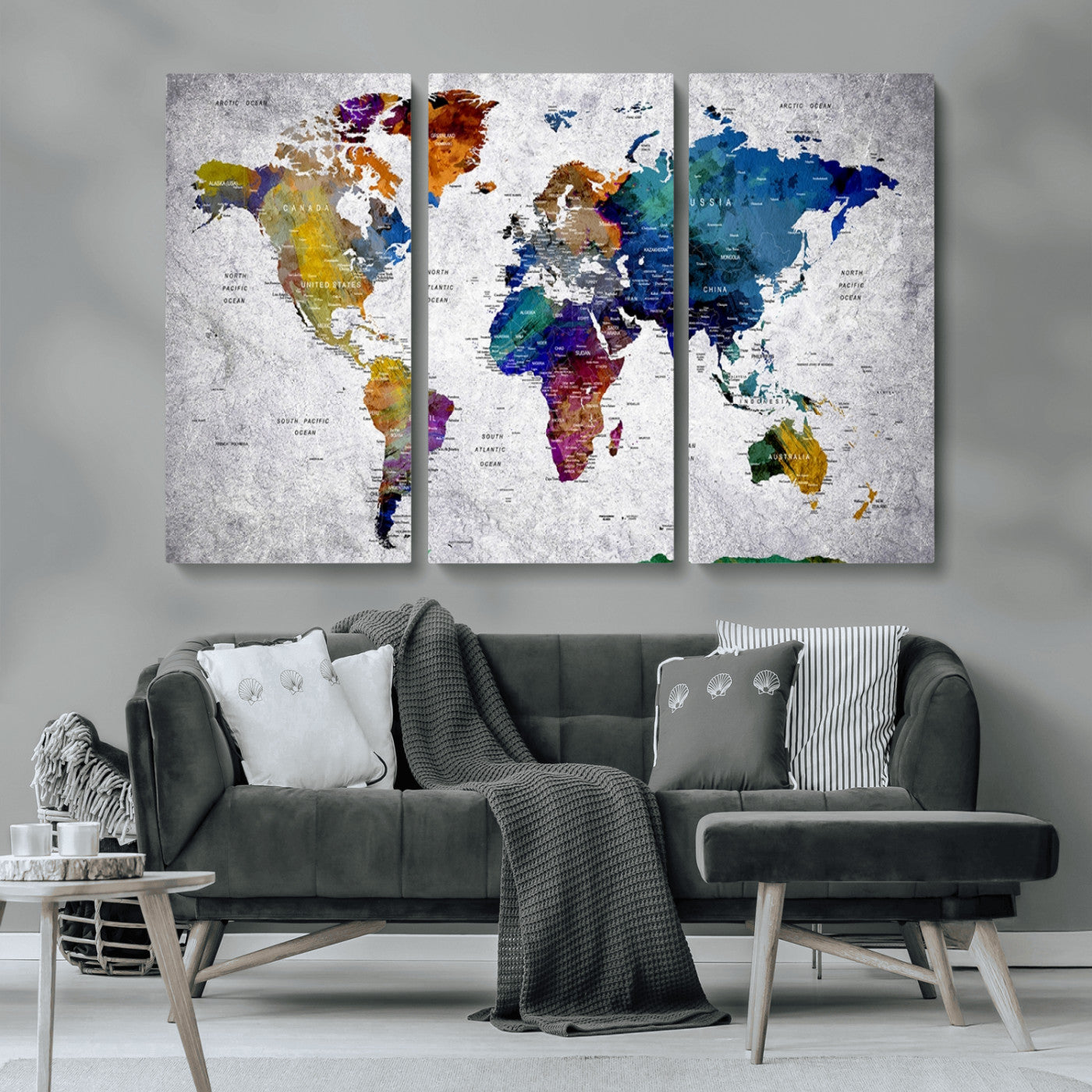 MGV-CV-48X32-3P - Push Pin World Map Canvas Print – Framed Wall Art for Couples to Track Their Travels – Anniversary