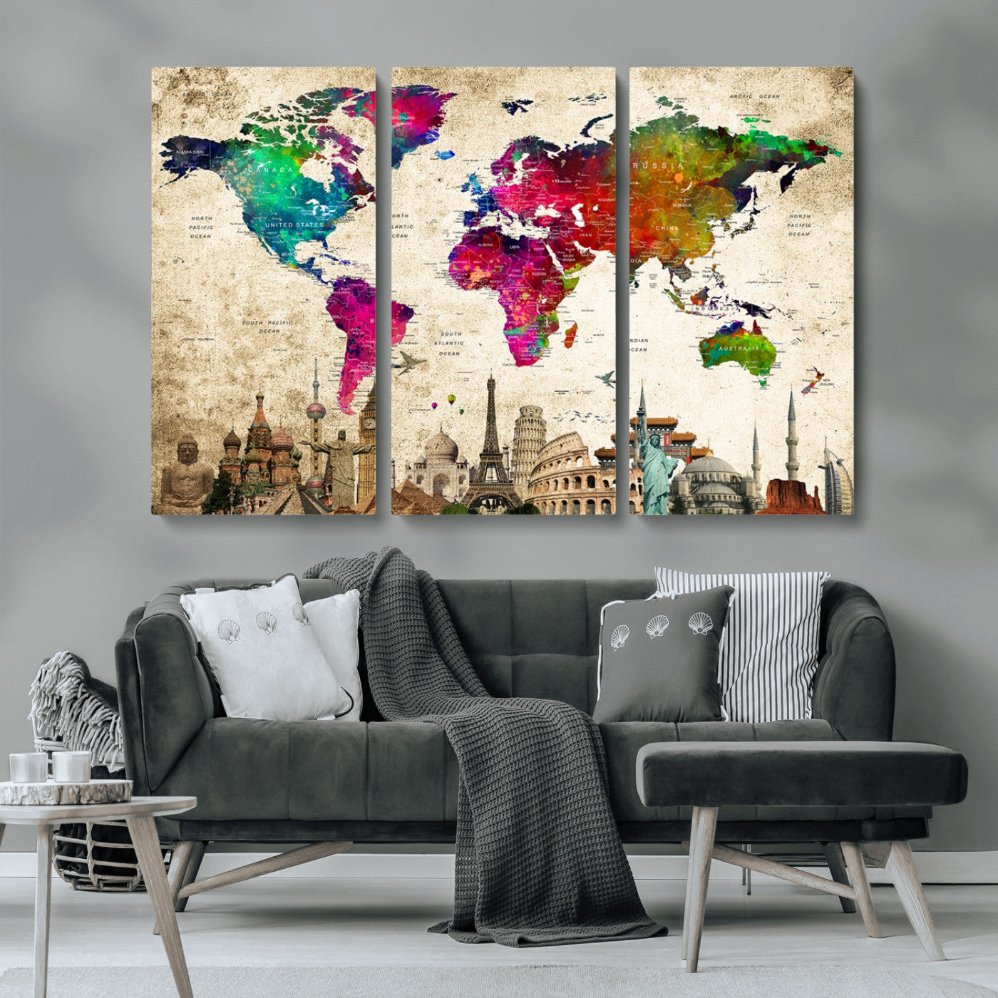 MGV-CV-48X32-3P - Push Pin World Map Canvas Print – Framed Wall Art for Couples to Track Their Travels – Anniversary