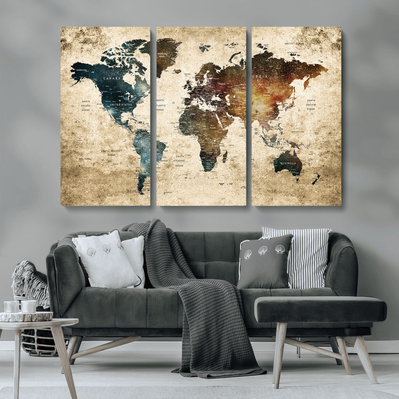 MGV-CV-48X32-3P - Push Pin World Map Canvas Print – Framed Wall Art for Couples to Track Their Travels – Anniversary