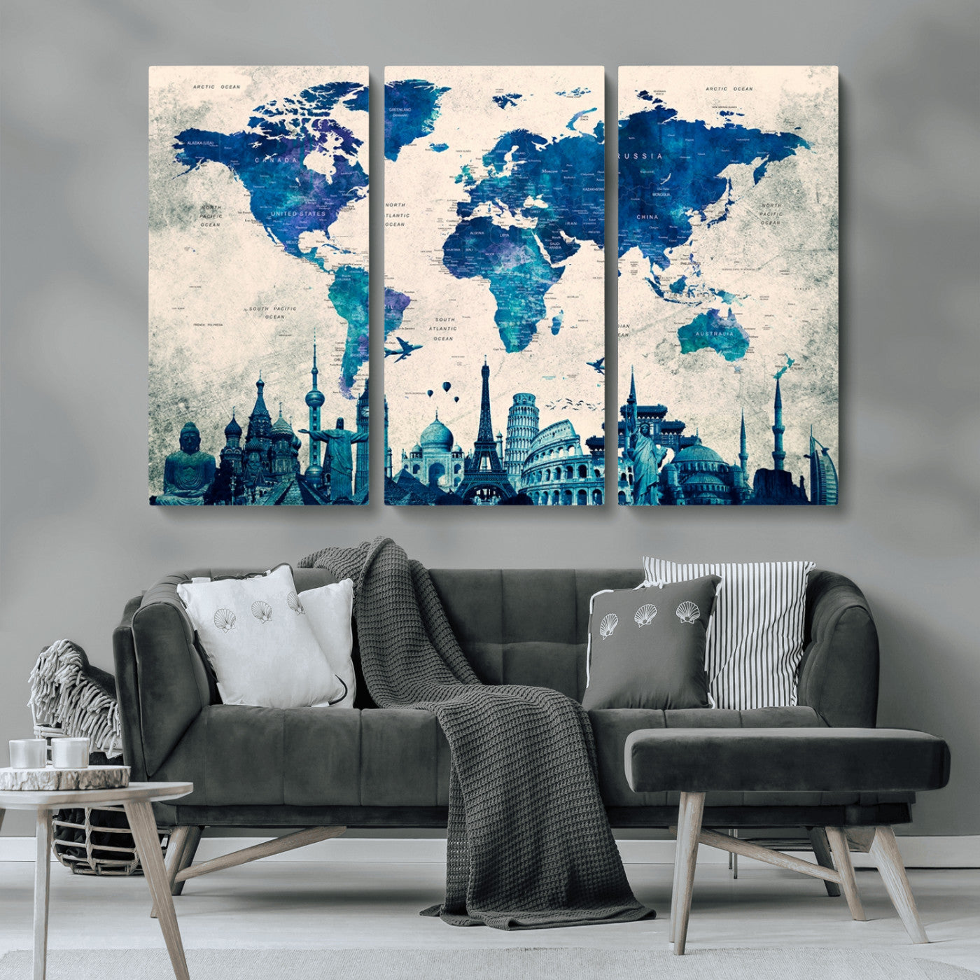 MGV-CV-48X32-3P - Navy Blue World Map Canvas Print, Wonder of World Map Push Pin Canvas Print