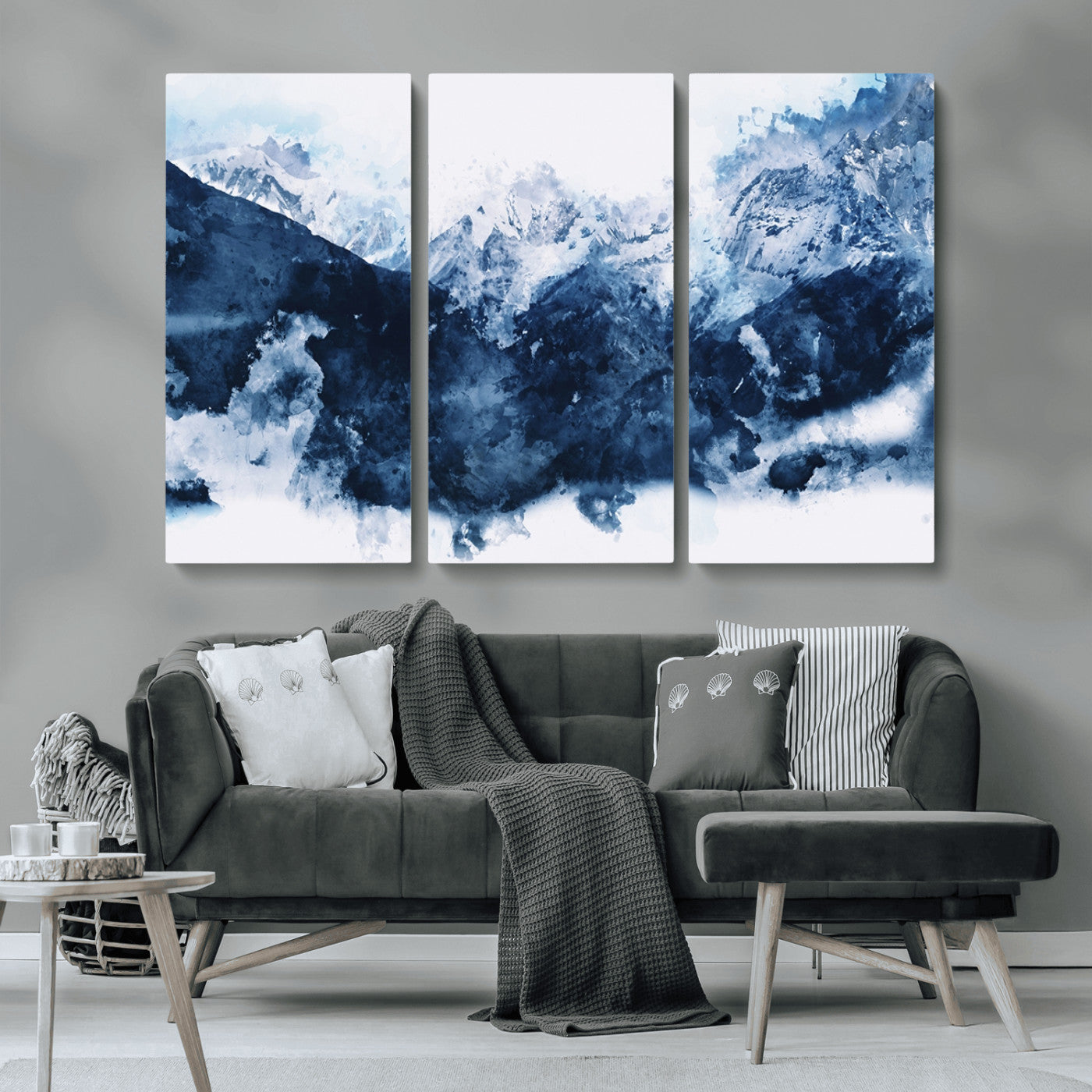 81700-MGV-CV-36X24-Abstract Blue Mountain Canvas Wall Art – Modern Triptych Landscape Print – Contemporary Nature Decor for Living Room or Office – Ready to