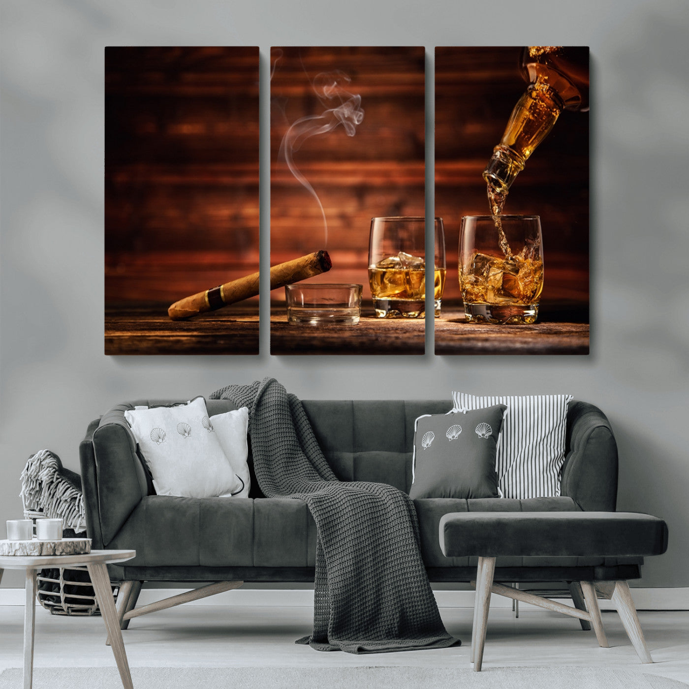 MGV-CV-48X32-3P - Whiskey and Cigar Wall Art Canvas | 3 Panel Bar Room Decor for Home Lounge, Office, or Man Cave |