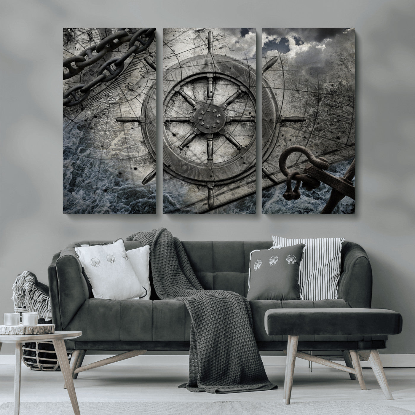 MGV-CV-48X32-3P - Ship Steering Wheel Vintage Wall Art Canvas Print