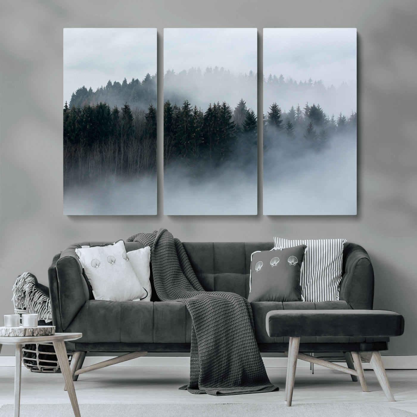 MGV-CV-48X32-3P - Autumn and Misty Trees in the Forest Wall Art Canvas Print, Foggy Forest Mountain Wall Art Canvas