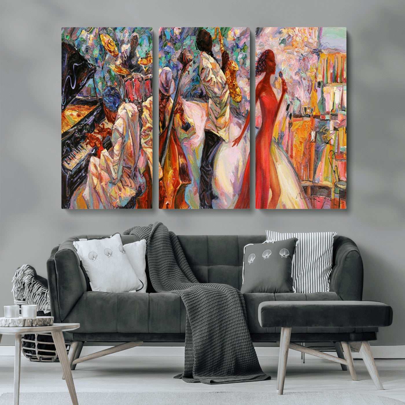 MGV-CV-48X32-3P - Abstract Afro American Jazz Canvas Wall Art | Music-Inspired Painting for Dining Room, Living Room,