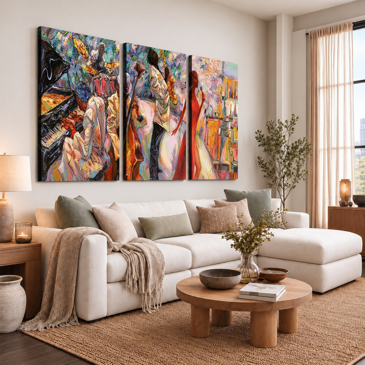 40574-_Poster-30x20 - Afro American Jazz Band Canvas Wall Art | 3 Panel Music Studio Decor
