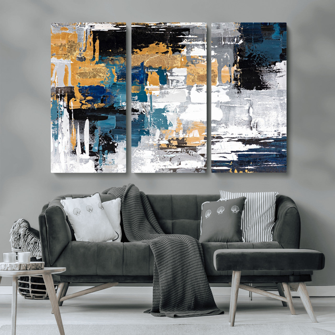 57708-MGV-CV-36X24-Blue and Gold Abstract Canvas Wall Art – Triptych Modern Painting for Living Room – Framed and Ready to Hang