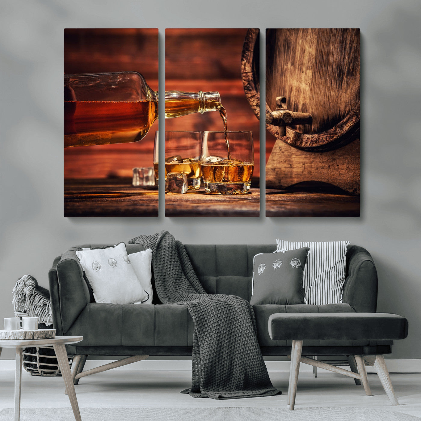MGV-CV-48X32-3P - Whiskey and Cigar Canvas Wall Art | 3 Panel Bar Room Decor for Home Lounge, Office, or Man Cave |