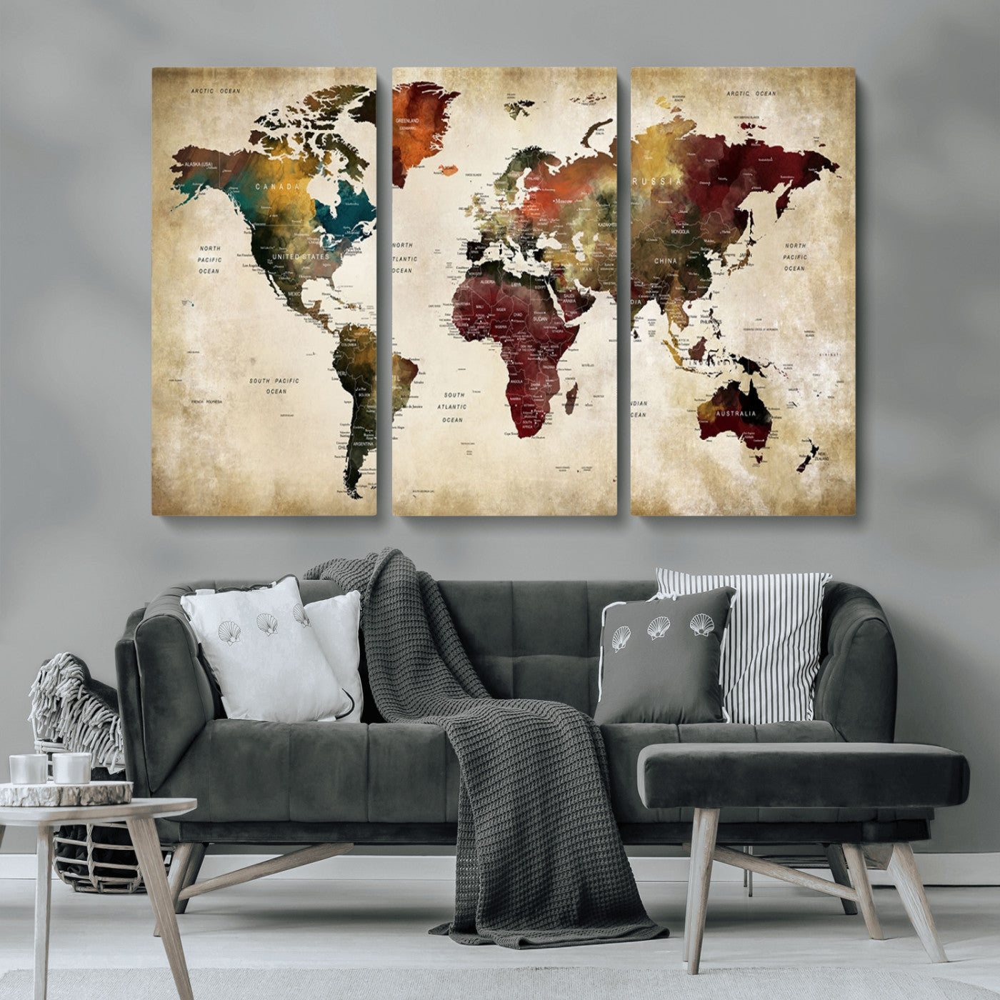 MGV-CV-48X32-3P - Large World Map Wall Art Canvas Print, Framed Push Pin Map Art Picture Print, Abstract Traveller Map Perfect Modern Decor Artwork