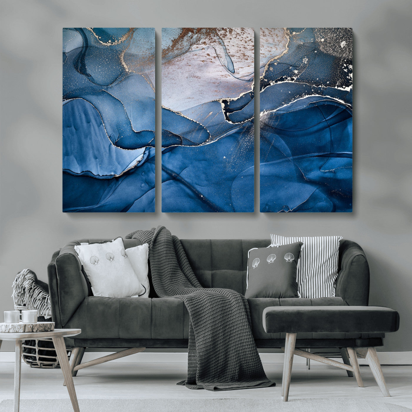 -Navy Blue Canvas Art Abstract Print – Elegant Triptych Modern Art Print – Contemporary Decor for Living Room or Office