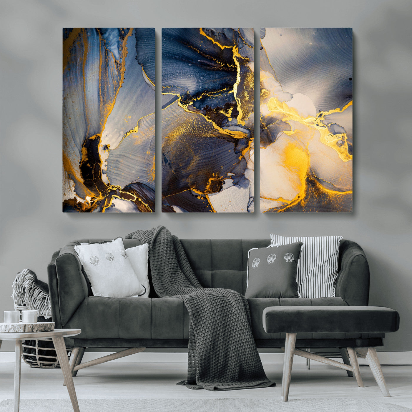 42100-MGV-CV-36X24-Large Abstract Wall Art Print - Gold and Blue Abstract Canvas Wall Art | Fluid Ink Modern Luxury Wall Decor for Living Room Decor