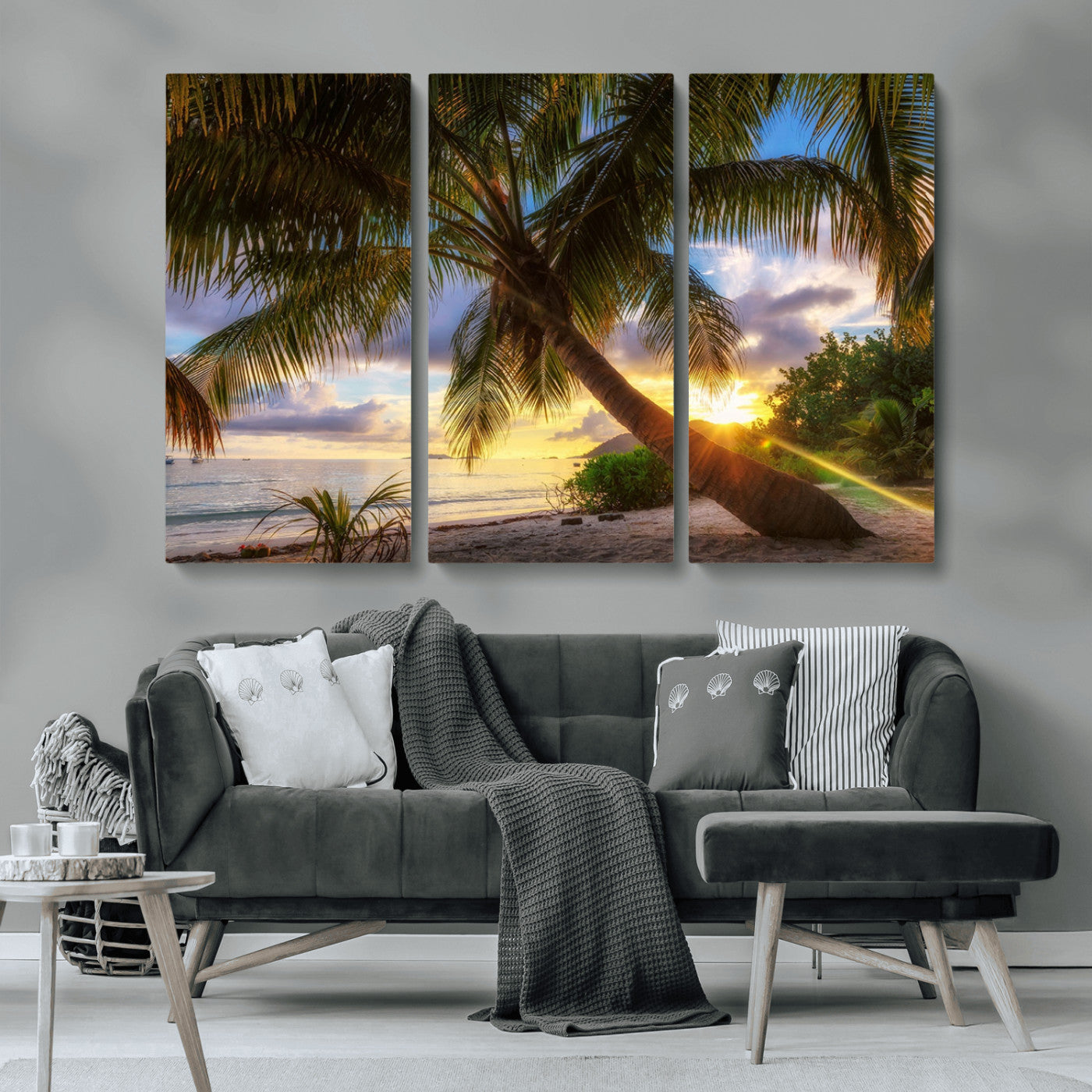 MGV-CV-48X32-3P - Tropical Island Sunset on the Beach Palms Wall Art Canvas Print