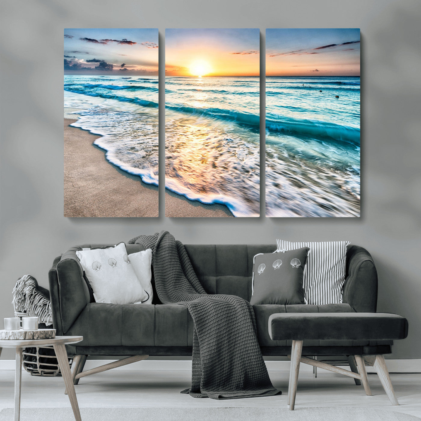 MGV-CV-48X32-3P - Sunset Beach Waves Canvas Wall Art – 5-Panel Ocean Sunset Print – Coastal Decor for Living Room or
