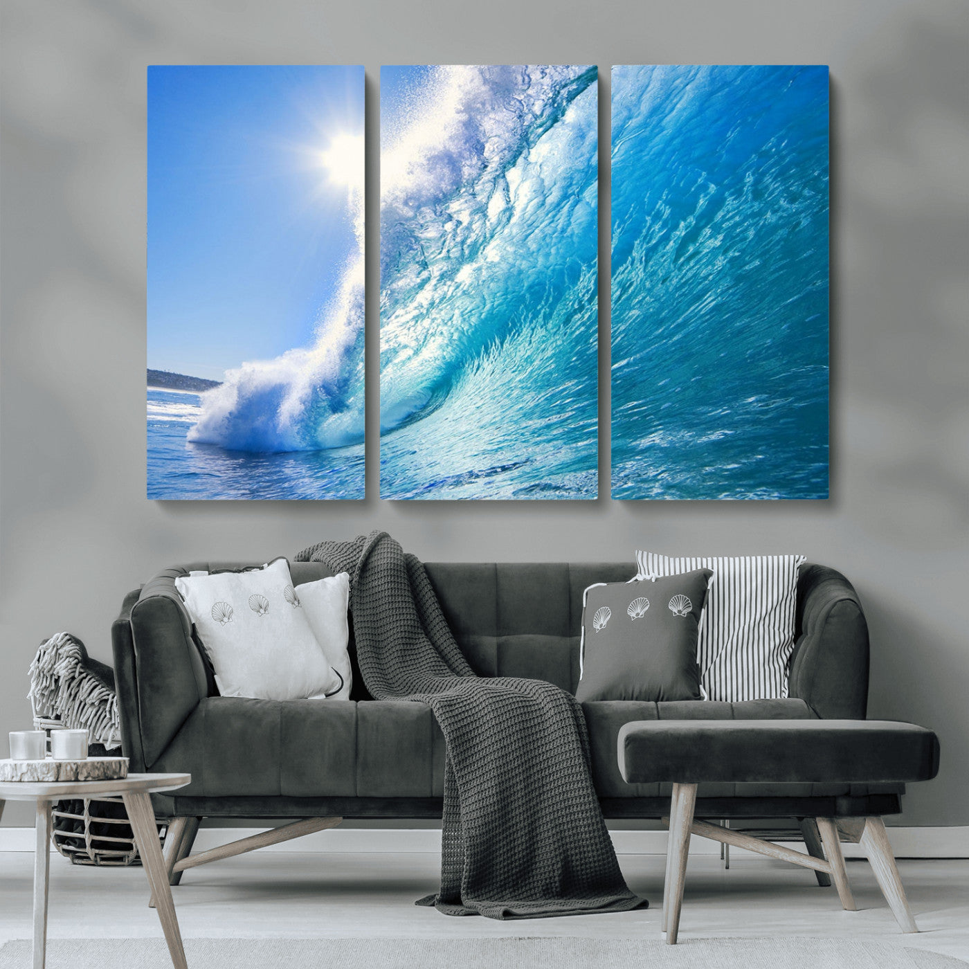 MGV-CV-48X32-3P - Blue Big Wave Surfing Ocean Canvas Wall Art Artwork Print , Surf Wall Art, Sea Wall Art