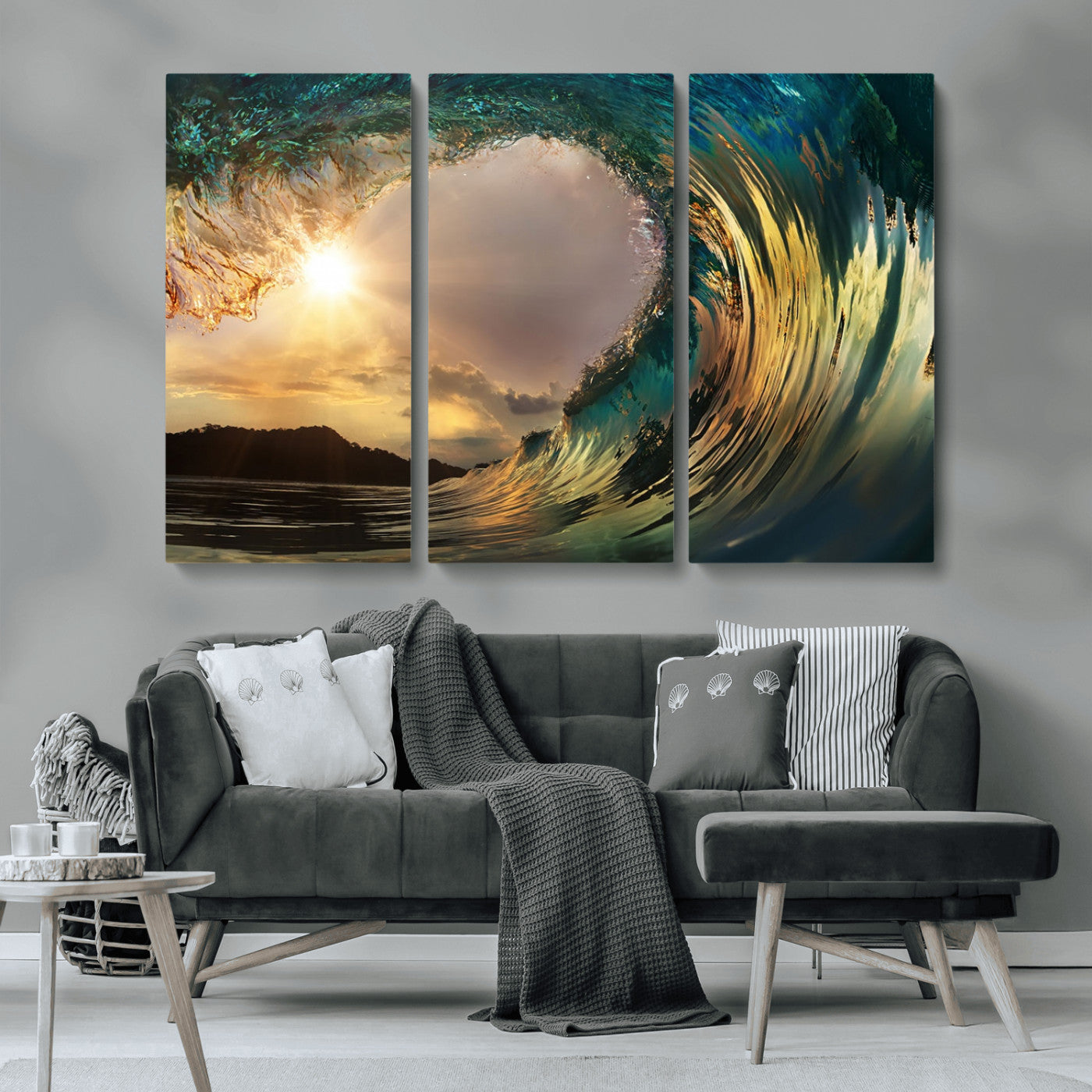 MGV-CV-48X32-3P - Golden Wave Sunset Giclee Canvas Print – Large Coastal Wall Art for Nature Lovers, Captivating Ocean Wave Decor