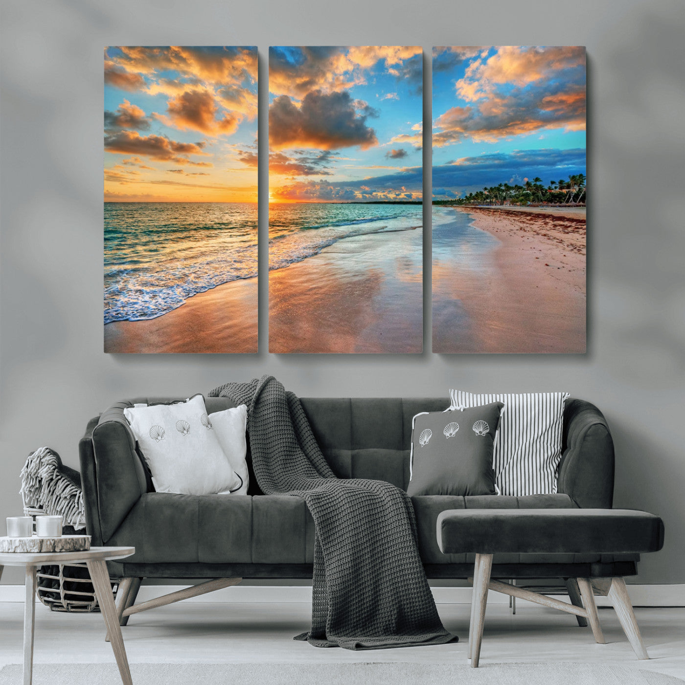 MGV-CV-48X32-3P - Sunset Ocean Waves on Tropical Beach, 3-Panel Giclee Canvas Art for Coastal Home Decor, Vibrant Palm-Lined Shore