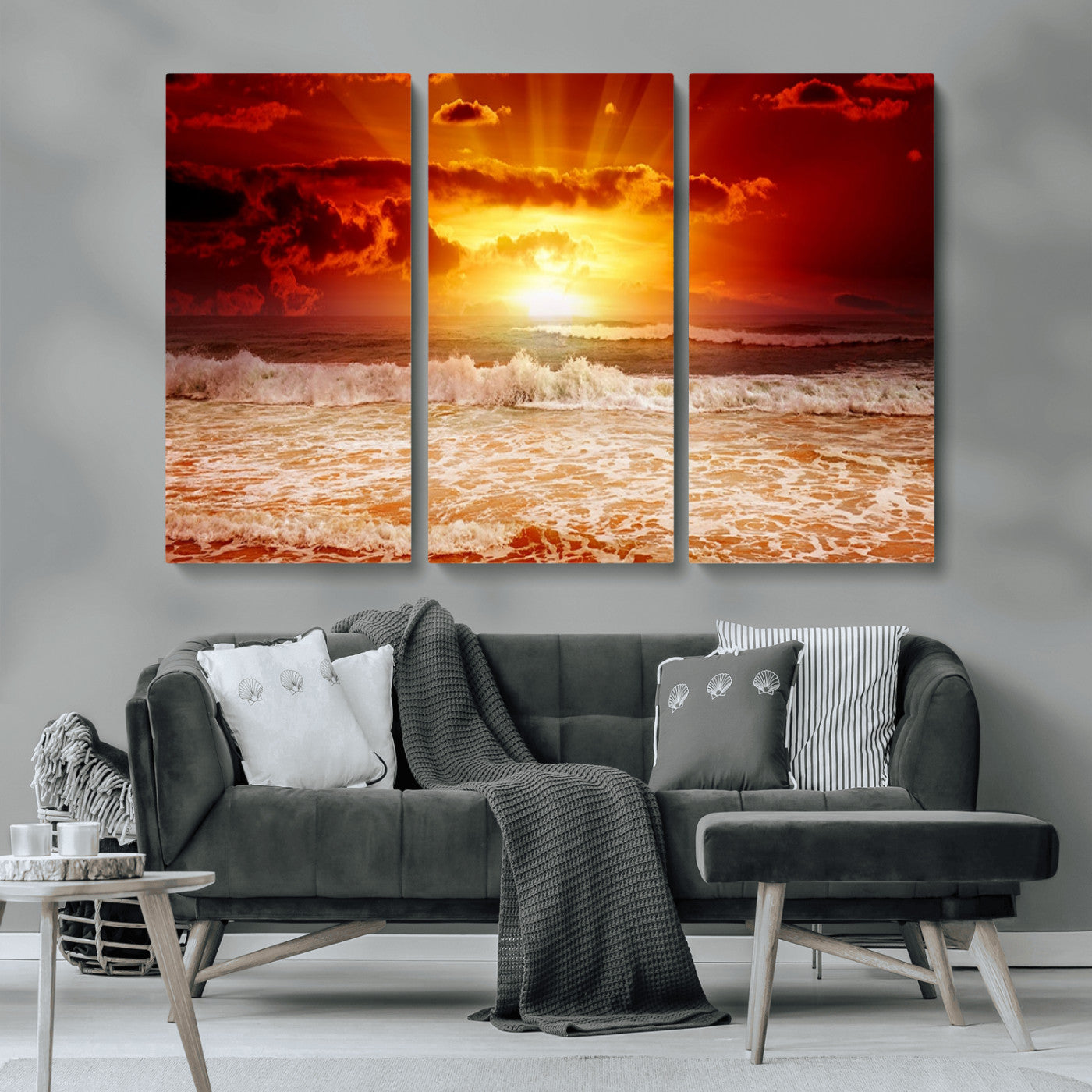 MGV-CV-48X32-3P - Red Sunset Ocean Beach Canvas Wall Art Beach Canvas, Coastal Sunset Print