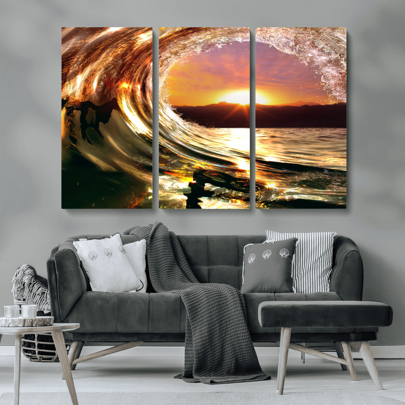MGV-CV-48X32-3P - Golden Wave Sunset Triptych Canvas Art, Giclee Canvas Print of Ocean Wave and Sunset, Framed Ocean
